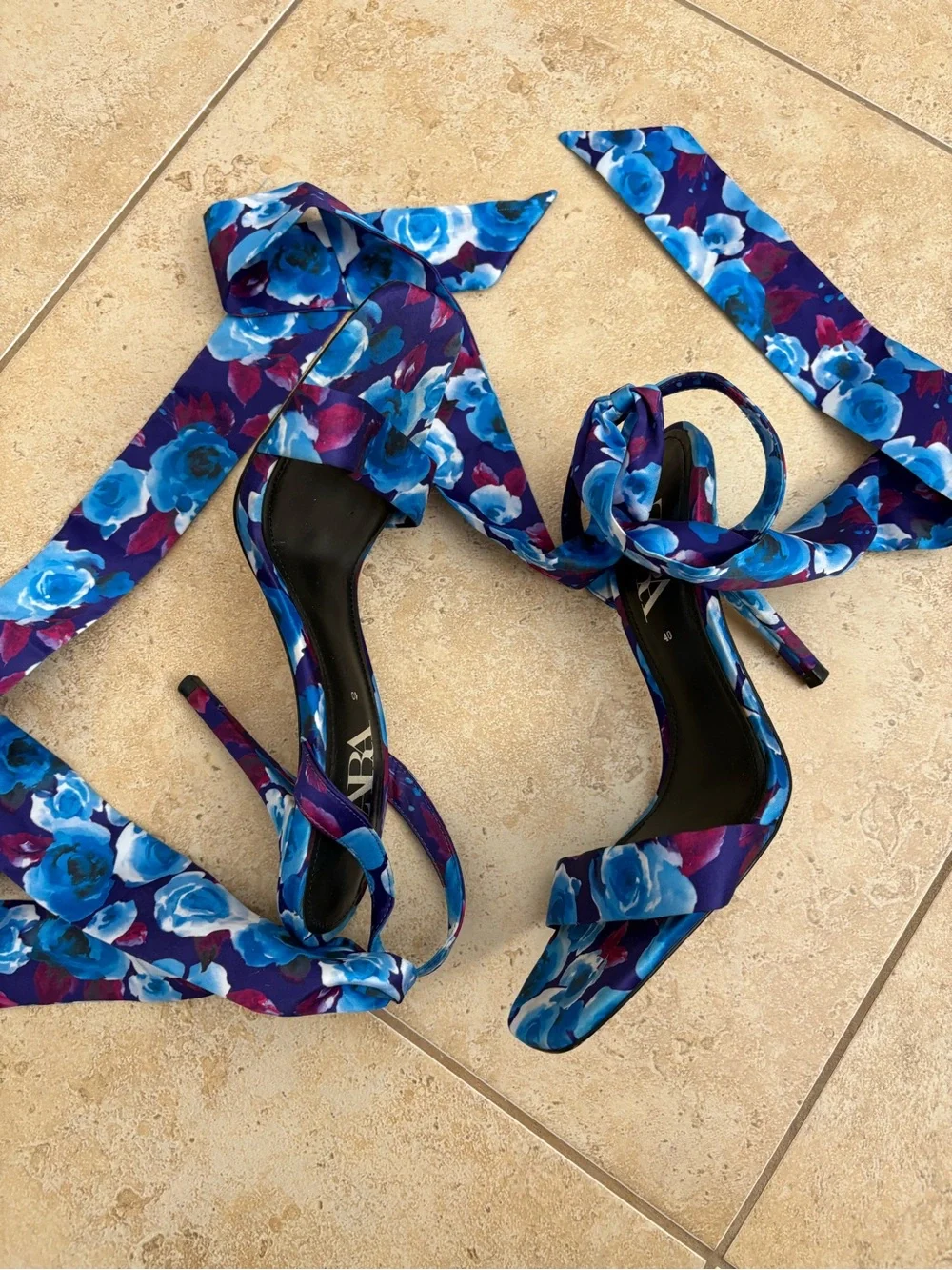 Zara Blue Floral Wrap-Heel Sandals